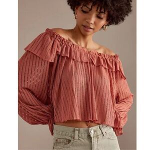 Anthropologie Long sleeve sheer striped crop blouse rose women’s size M NEW